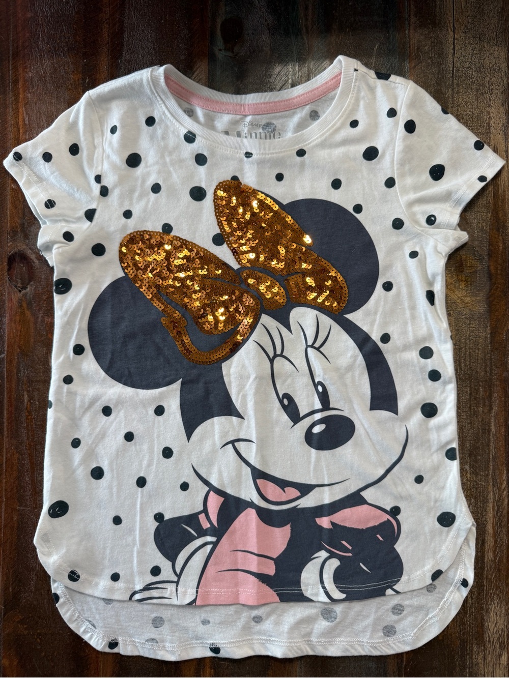 Disney Girls Size 7/8 Minnie Mouse w/Gold Sequin Bow & Polka Dot Hi Low Tee EUC